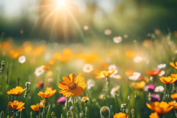 a field of flowers with the sun shining ai generated photo