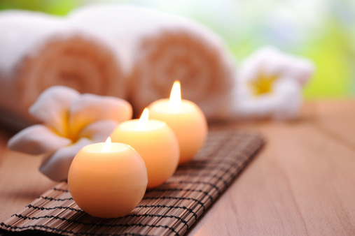 tranquil scene with candle and relaxation items. xxxl image
